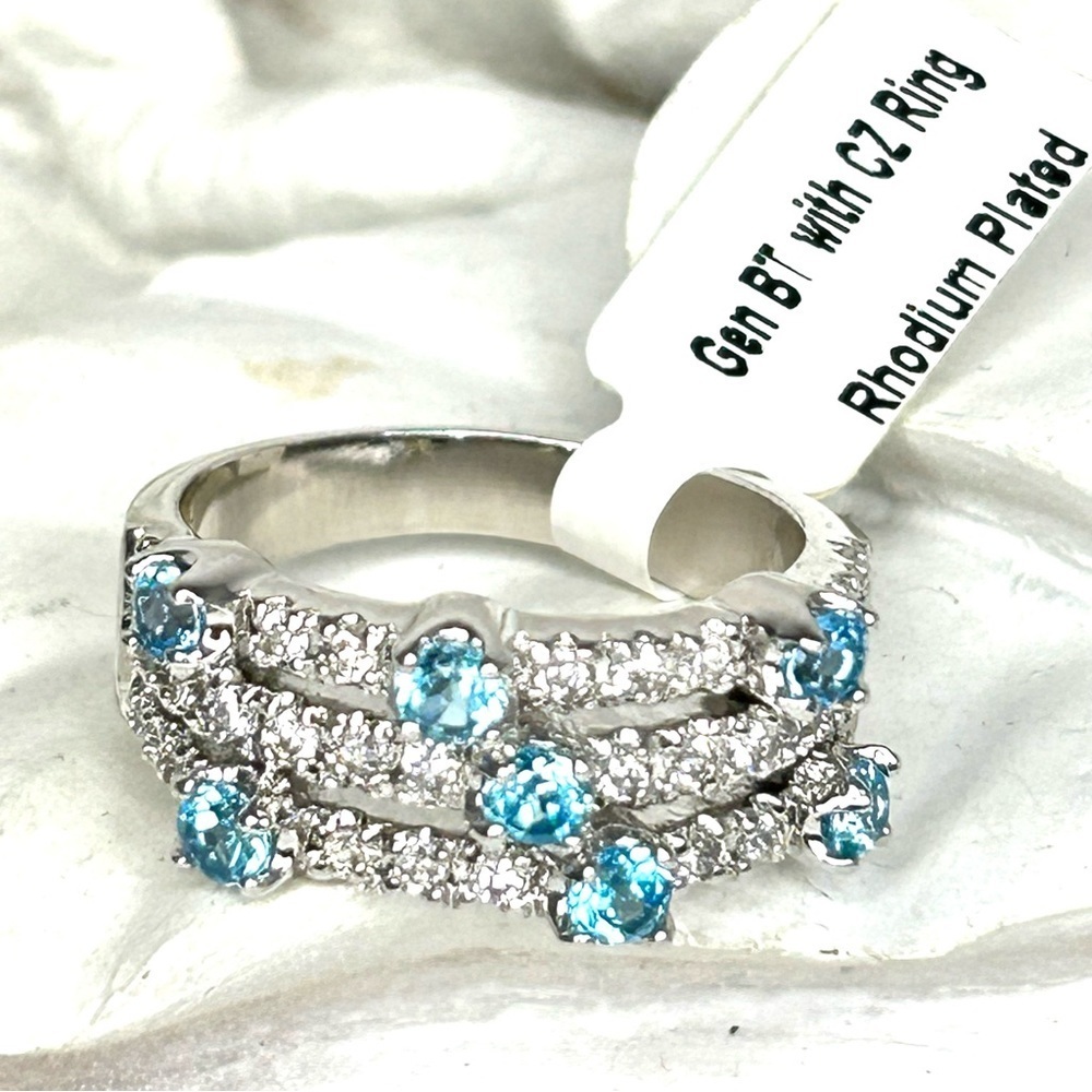 New Rhodium Plated Ring Blue with Clear CZ size 7.75